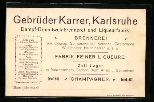 Vertreterkarte Karlsruhe, Gebrüder Karrer, Dampf-Branntweinbrennerei und Liqueurfarbik