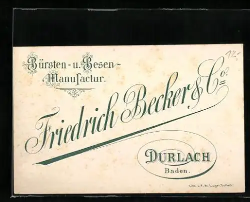 Vertreterkarte Durlach, Friedrich Becker & Co., Bürsten- und Besen-Manufactur