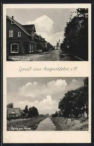 AK Augustfehn i. O., Mühlenstrasse mit Blick zur Windmühle, Partie am Kanal