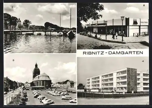 AK Ribnitz Damgarten, HO-Kaufhalle Hans-Burmeister-Strasse, Karl-Marx-Platz, Oberschule Hans Burmeister, Seglerhafen