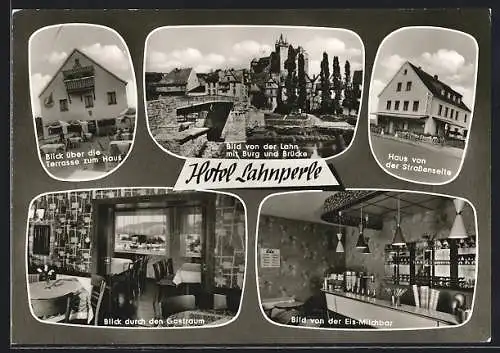 AK Diez /Lahn, Das Hotel Lahnperle mit Terrasse, Gaststube und Eis-Milchbar, Lahn mit Burg und Brücke