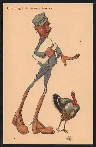 AK Soldat mit Papieren verfolgt einen Vogel, Karikatur, Ornitologia da Grande Guerra