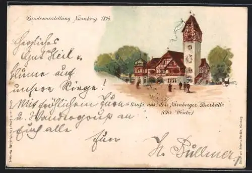 Lithographie Nürnberg, Landesausstellung 1896, Gasthof Nürnberger Bierhalle