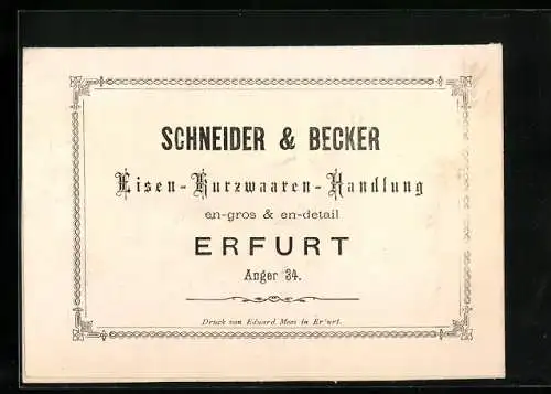 Vertreterkarte Erfurt, Schneider & Becker, Eisen-Kurzwaaren-handlung, Anger 34