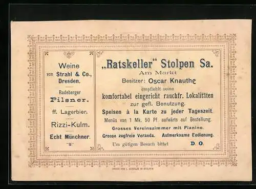 Vertreterkarte Stolpen i. Sa., Ratskeller, am Markt, Inh. Oscar Knauthe