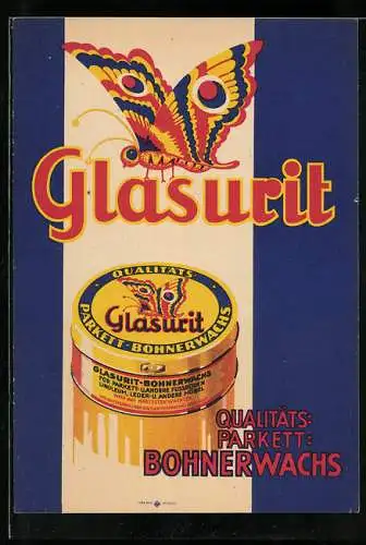 Vertreterkarte Glasurit, Parkett Bohnerwachs, Dose mit Schmetterling