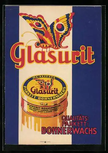 Vertreterkarte Glasurit, Parkett Bohnerwachs, Dose mit Schmetterling