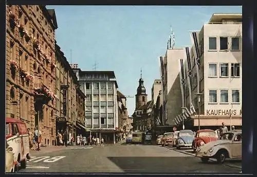 AK Pirmasens, Hauptstrasse mit Kaufhaus und Kirche