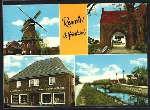 AK Remels, Windmühle, Buchdruckerei J. Meeuw