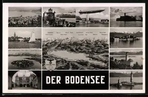 AK Friedrichshafen, Zeppelin über dem Bodensee, Wasserburg, Insel Mainau, Reichsadler mit 