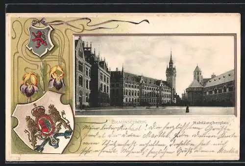 Passepartout-Lithographie Braunschweig, Ruhfäutchenplatz mit Kirche, Wappen