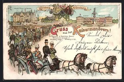 Lithographie Nürnberg, Grand Hotel Bahnhof zu Würzburg, Kaisermanöver