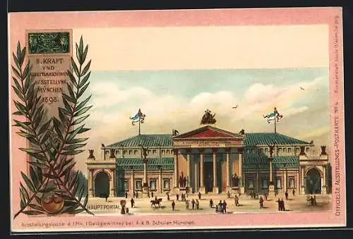 Lithographie München, II. Kraft und Arbeitsmaschinen-Ausstellung 1898, Hauptportal, Leute, gerahmte Ansicht