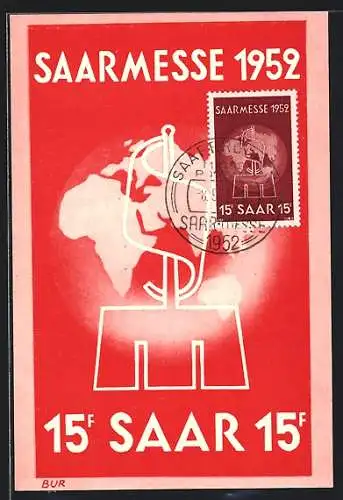 AK Saarbrücken, Ausstellung Saarmesse, 1954, Weltkarte und stilisiertes Ausstellungsgebäude