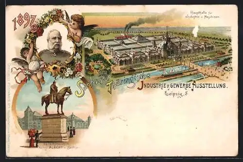 Lithographie Leipzig, Industrie - und Gewerbe-Ausstellung 1897, Haupthalle Industrie, Portrait König Albert von Sachsen