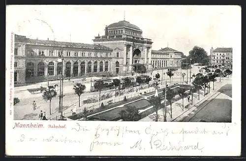 AK Mannheim, Bahnhof, Motiv mit Strassenbahn