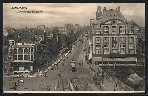 AK Amsterdam, Panorama Damrak, Strassenbahn