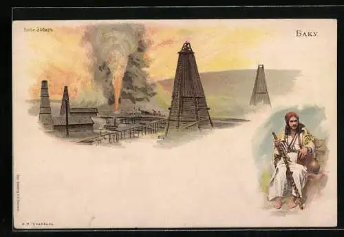 Lithographie Baku, Ölfelder, Mann in Tracht