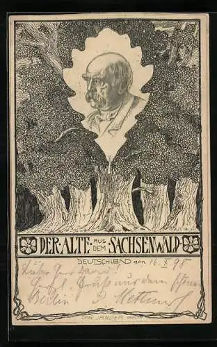 Künstler-AK Carl Jander, Ganzsache PP9E5 /01: Der Alte aus dem Sachsenwald, Bismarck-Portrait auf Eichenblatt