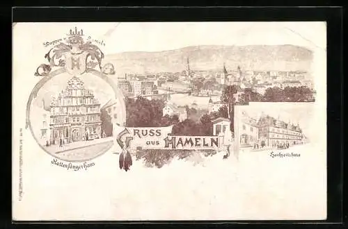 Künstler-AK Ganzsache PP9F45 /01: Hameln, Rattenfängerhaus, Hochzeitshaus, Panorama, Wappen