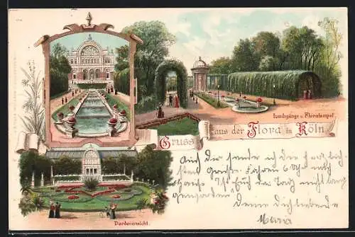 Lithographie Köln-Riehl, Gasthaus Flora, Laubgänge und Floratempel, Teich