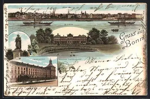 Lithographie Bonn, Schloss Poppelsdorf, Universität, Gesamtansicht