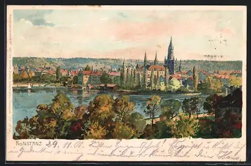 Künstler-Lithographie Zeno Diemer: Konstanz, Totale mit Kirche