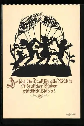 Künstler-AK Georg Plischke: Kinder mit Hund tanzen beim Erntedankfest, Scherenschnitt
