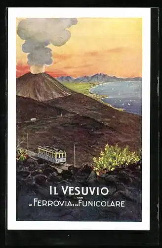 Künstler-AK Neapel, Il Vesuvio con la Ferrovia e la Funicolare, Bergbahn vor Vesuv und Meer