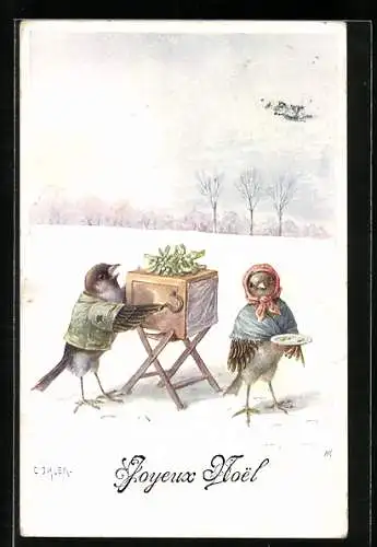 Künstler-AK C.Öhler: Neujahrsgruss, Spatzen betteln um ein Paar Groschen, Leierkasten, Mistelzweig