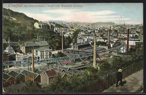 AK Elberfeld, Panorama mit Schwebebahn vom Westende gesehen