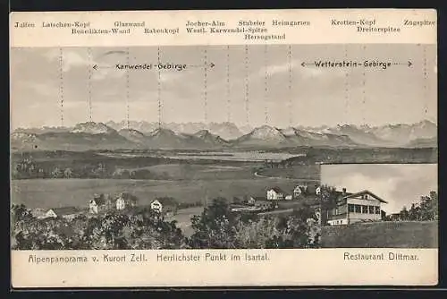 AK Zell im Isartal, Restaurant Dittmar, Alpenpanorama mit Glaswand, Krotten-Kopf und Zugspitze