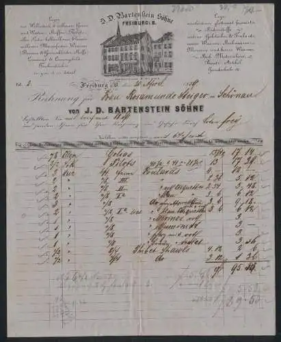 Rechnung Freiburg i. B. 1859, Firma J. D. Bartenstein Söhne, Kaiserstrasse 873 /74, Ansicht der Geschäftsstelle