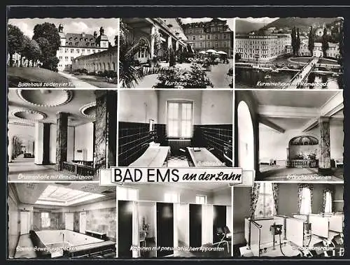 AK Bad Ems an der Lahn, Badehaus zu den vier Türmen, Kurhaus und Kurmittelhaus mit Römerbad