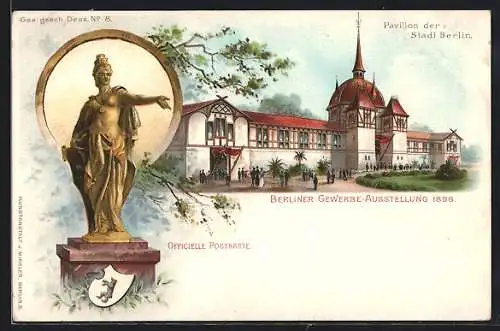 Lithographie Berlin, Gewerbe-Ausstellung 1896, Pavillon der Stadt Berlin, Denkmal, Wappen