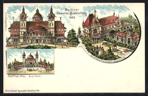 Lithographie Berlin, Gewerbe-Ausstellung 1896, Ausstellungs-Palast, Haupt-Portal, Bau-u.Ingenieurwesen-Ausstellung