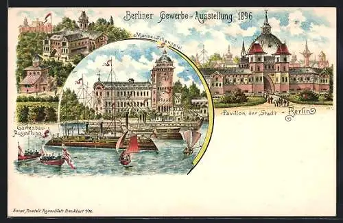 Lithographie Berlin, Gewerbe-Ausstellung in Berlin 1896, Gartenbau-Ausstellung, Marine Schauspiel, Pavillon