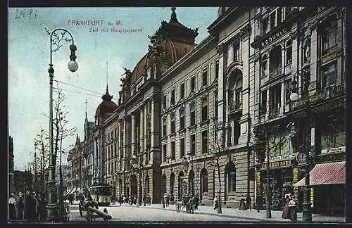 AK Frankfurt /Main, Zeil mit Hauptpostamt, Flügel & Pianogeschäft, Strassenbahn