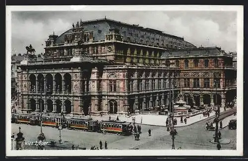 AK Wien, Oper mit Brunnen und Strassenbahn