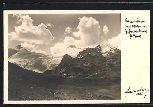 Foto-AK Hans Hruschka Nr. 1139: Zillertal, Tuxerjochhaus mit Olperer und Gefrorne Wand