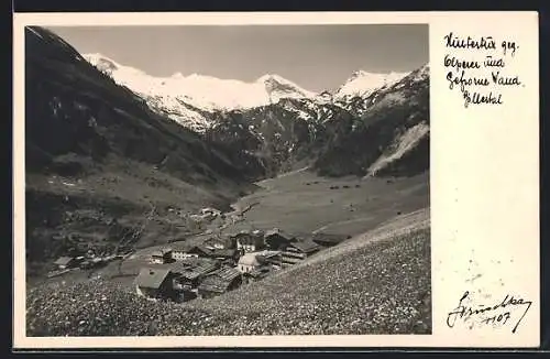 Foto-AK Hans Hruschka Nr.1107: Hintertux, Ortsansicht gegen Olperer und Gefrorene Wand