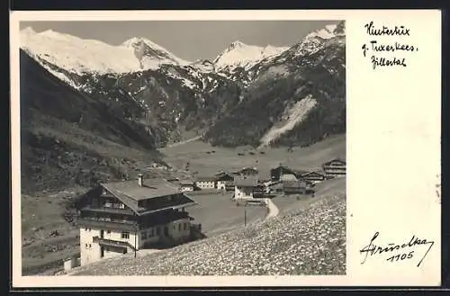 Foto-AK Hans Hruschka Nr. 1105: Hintertux /Zillertal, Ortsansicht gegen Tuxerkees