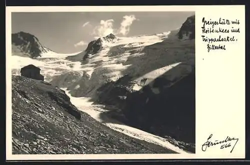 Foto-AK Hans Hruschka, Greizerhütte mit Floitenkees und Trippachsattel im Zillertal