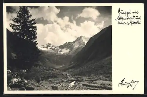 Foto-AK Hans Hruschka Nr. 611: Zillertal, Gunggel mit Melkenscharte und Ochsner