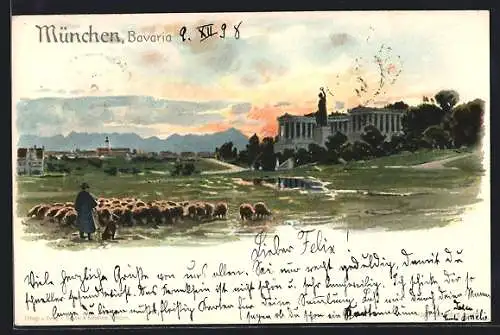 Lithographie München, Panorama mit Bavaria und Schäfer