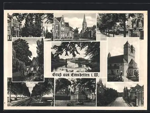 AK Emsdetten i. W., Flusspartie, Kirche, Brücke und Denkmal