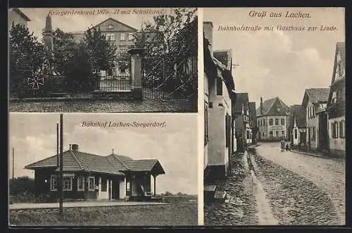 AK Lachen, Bahnhofstrasse mit Gasthaus zur Linde, Bahnhof Lachen-Speyerdorf, Kriegerdenkmal