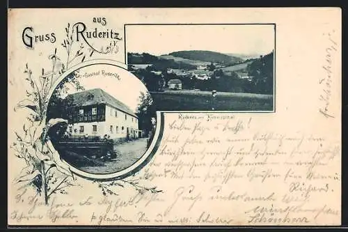 AK Ruderitz, Der Gasthof Ruderitz, Ortsansicht mit Kemnitzthal