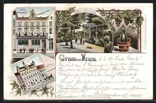 Lithographie Neuss, Hotel Restaurant E. Langebeckmann, Garten-Lokal, Rathaus