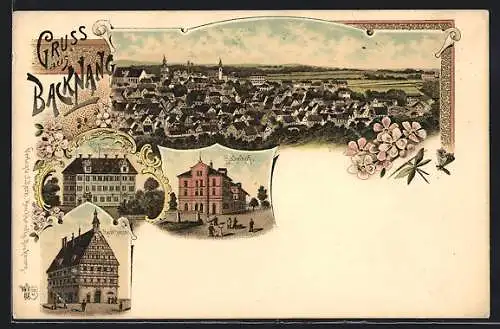 Lithographie Backnang, K. Oberamt und Amtsgericht, Bahnhof, Rathaus